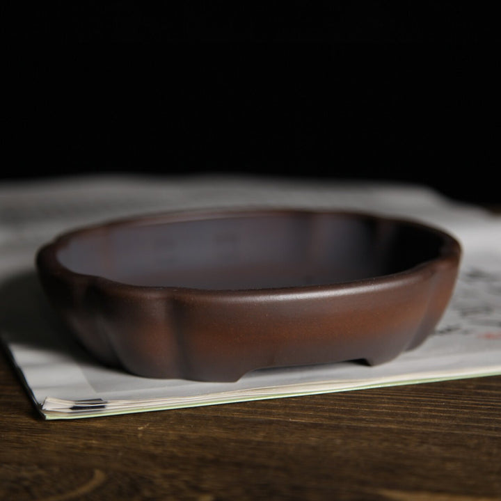 6.3 inch (16cm) Small Scalloped Oval Gradient Finish Unglazed Wood-Fired Premium Bonsai Pot