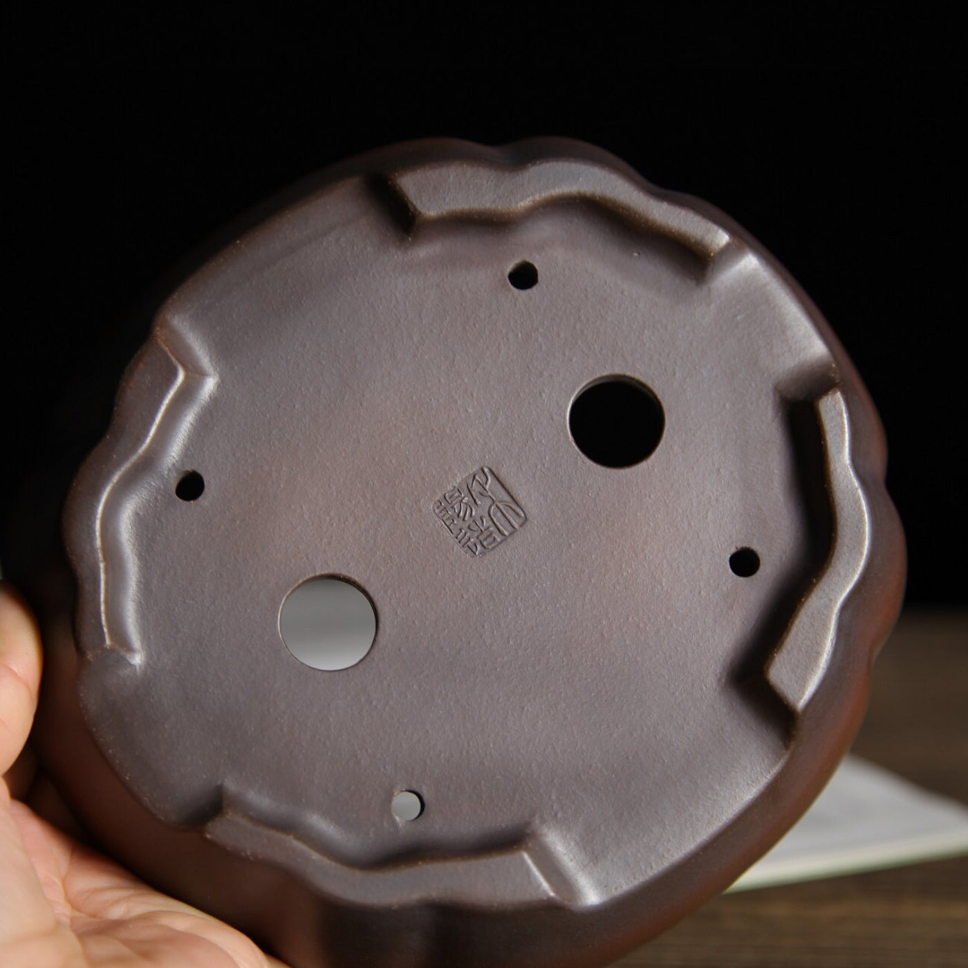 6.3 inch (16cm) Small Scalloped Oval Gradient Finish Unglazed Wood-Fired Premium Bonsai Pot Bottom View