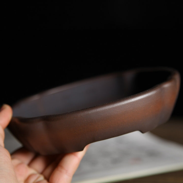 6.3 inch (16cm) Small Scalloped Oval Gradient Finish Unglazed Wood-Fired Premium Bonsai Pot Side View