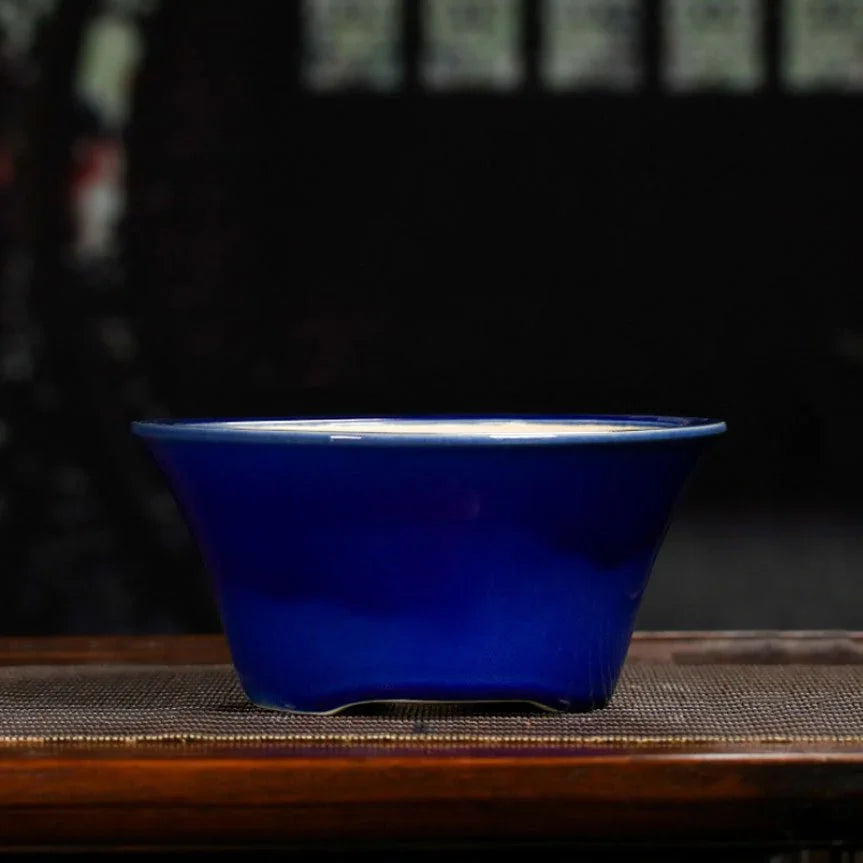 6.4" (16.4cm) Small Round Flared Cracked Glaze Bonsai Pots Blue Color