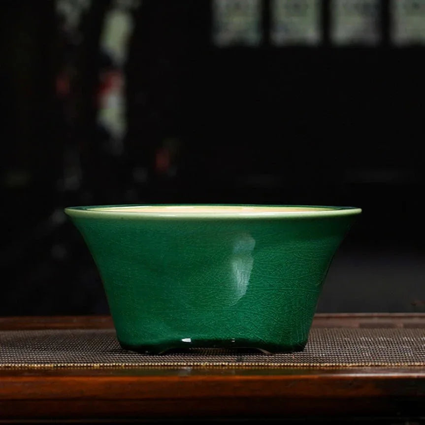 6.4" (16.4cm) Small Round Flared Cracked Glaze Bonsai Pots Green Color