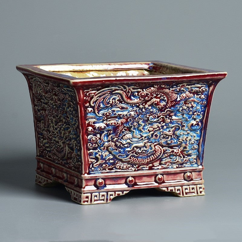 6.5" (16.5cm) Small Square Glazed Dragon Relief Deep Bonsai Pot