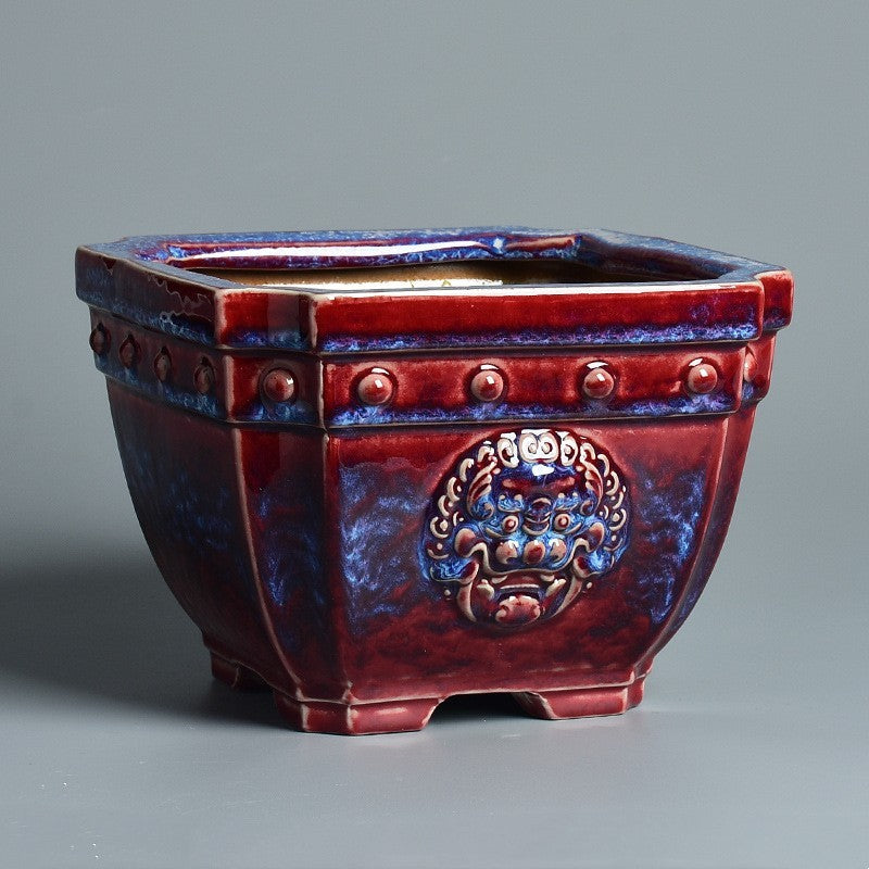 6.5" (16.5cm) Small Square Red-Blue Glaze Deep Flared Bonsai Pot