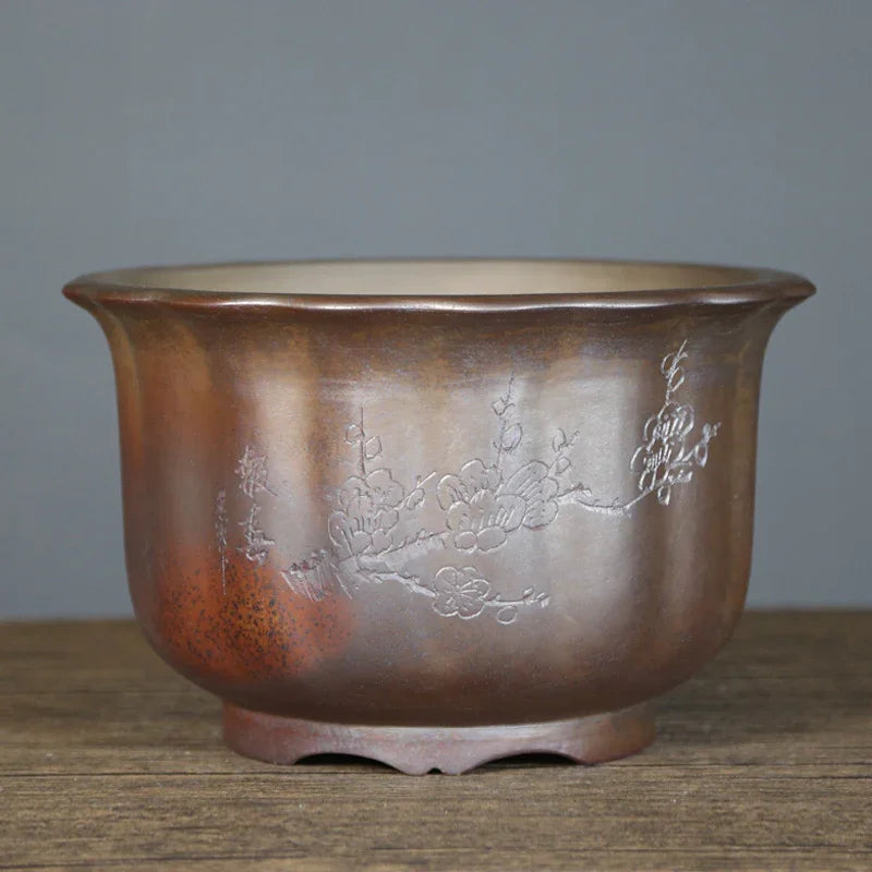 6.5 inch (16.5cm) Deep Round Firewood-Burning Finish Semi Cascade Bonsai Pot 