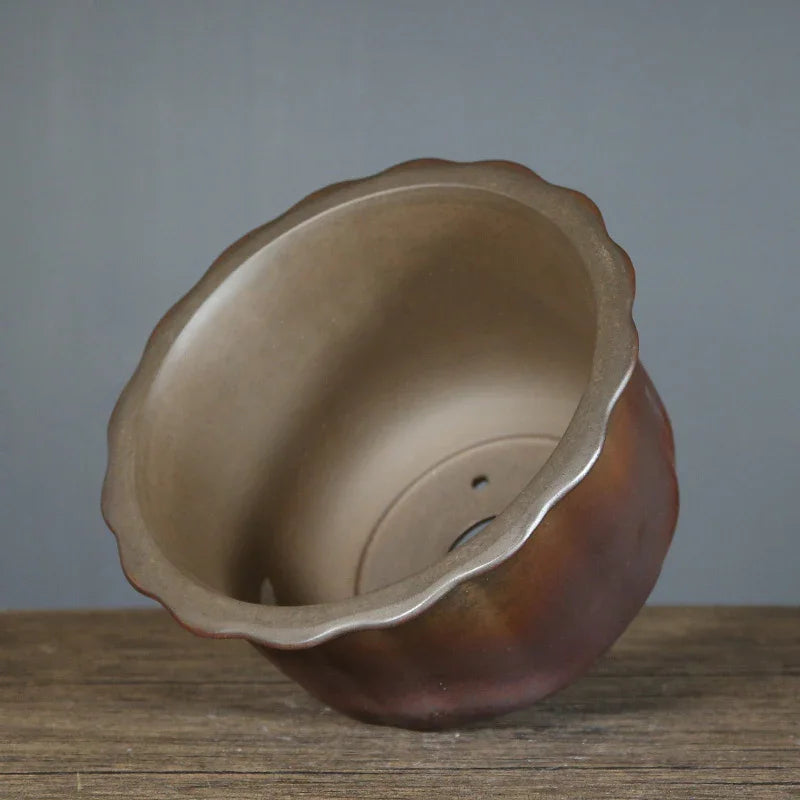 6.5 inch (16.5cm) Deep Round Firewood-Burning Finish Semi Cascade Bonsai Pot Back Inner View