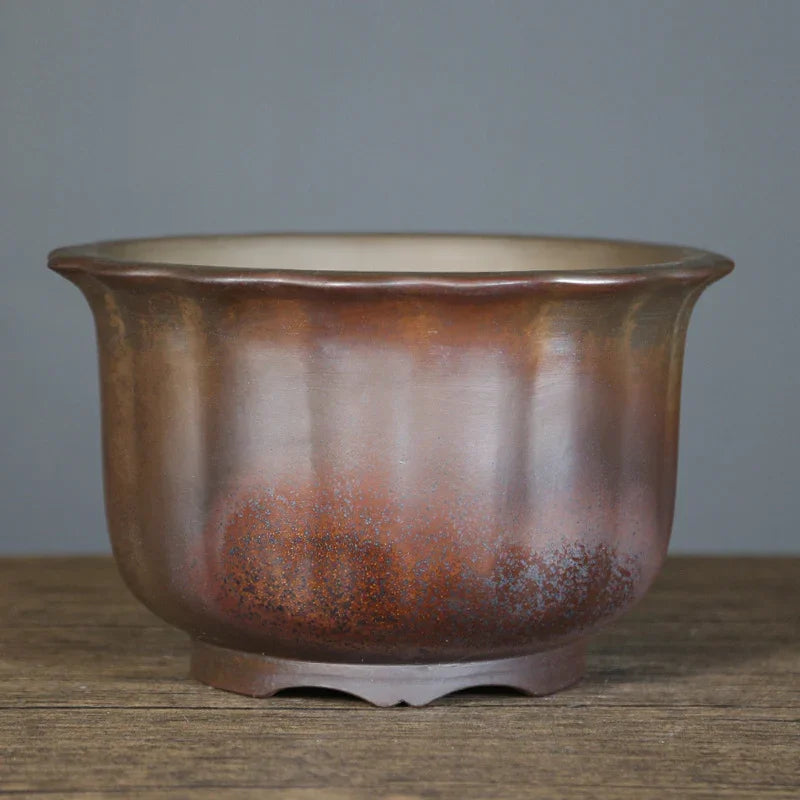 6.5 inch (16.5cm) Deep Round Firewood-Burning Finish Semi Cascade Bonsai Pot Back Side View