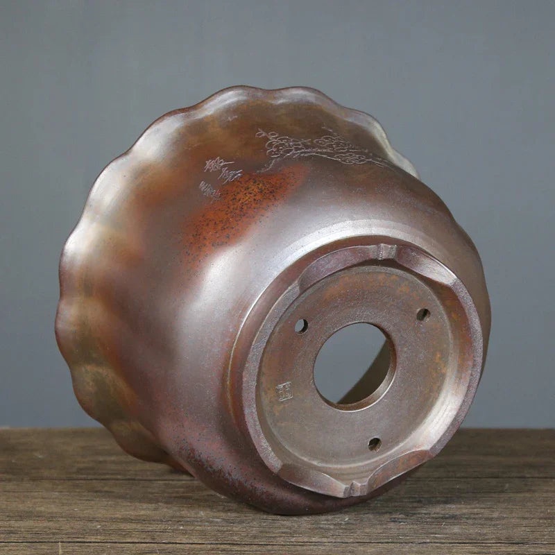 6.5 inch (16.5cm) Deep Round Firewood-Burning Finish Semi Cascade Bonsai Pot Bottom View