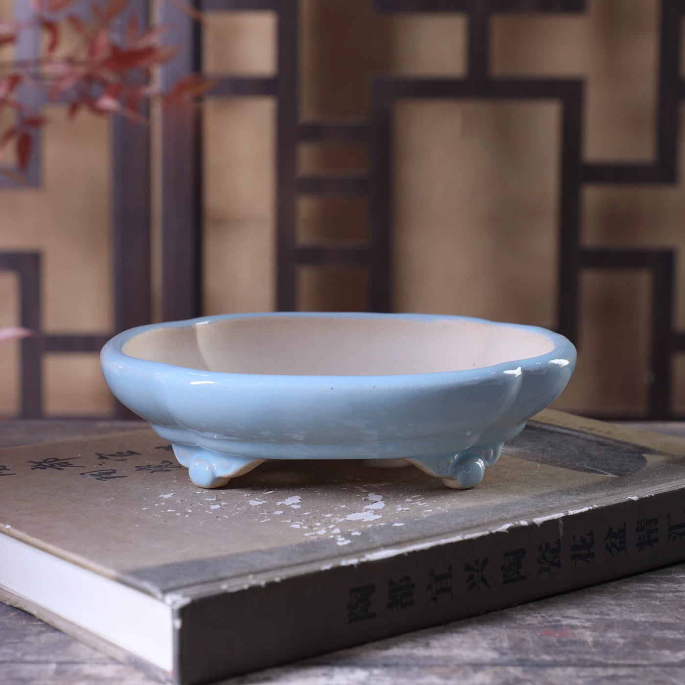 6.5 inch (16.5cm) Small Lotus-Shaped Curled Cloud Feet Glazed Traditional Bonsai Pot Blue Color