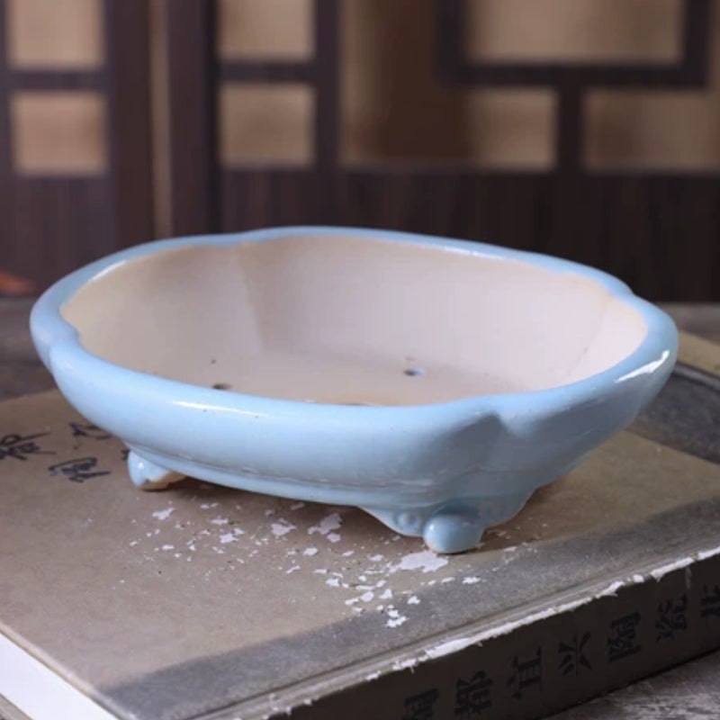 6.5 inch (16.5cm) Small Lotus-Shaped Curled Cloud Feet Glazed Traditional Bonsai Pot Corner View