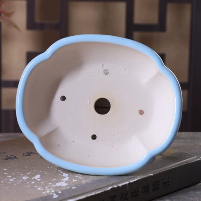 6.5 inch (16.5cm) Small Lotus-Shaped Curled Cloud Feet Glazed Traditional Bonsai Pot Inner View