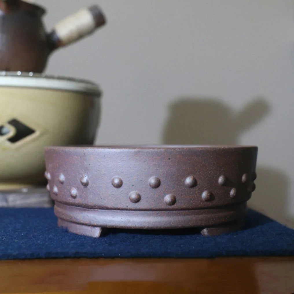 6.6" (16.8cm) Round Rustic Handmade Studded Drum Bonsai Pot