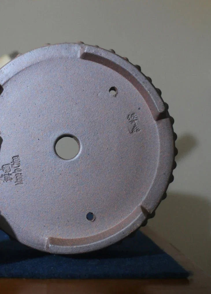 6.6" (16.8cm) Round Rustic Handmade Studded Drum Bonsai Pot Bottom View