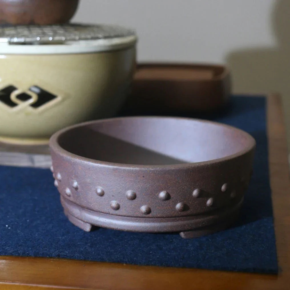 6.6" (16.8cm) Round Rustic Handmade Studded Drum Bonsai Pot Top View