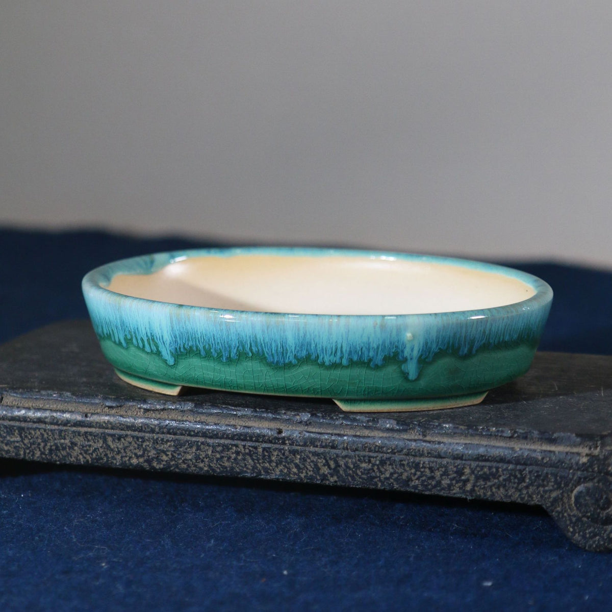 6.6" (16.8cm) Small Flowing Glaze Oval Bonsai Pot Corner View