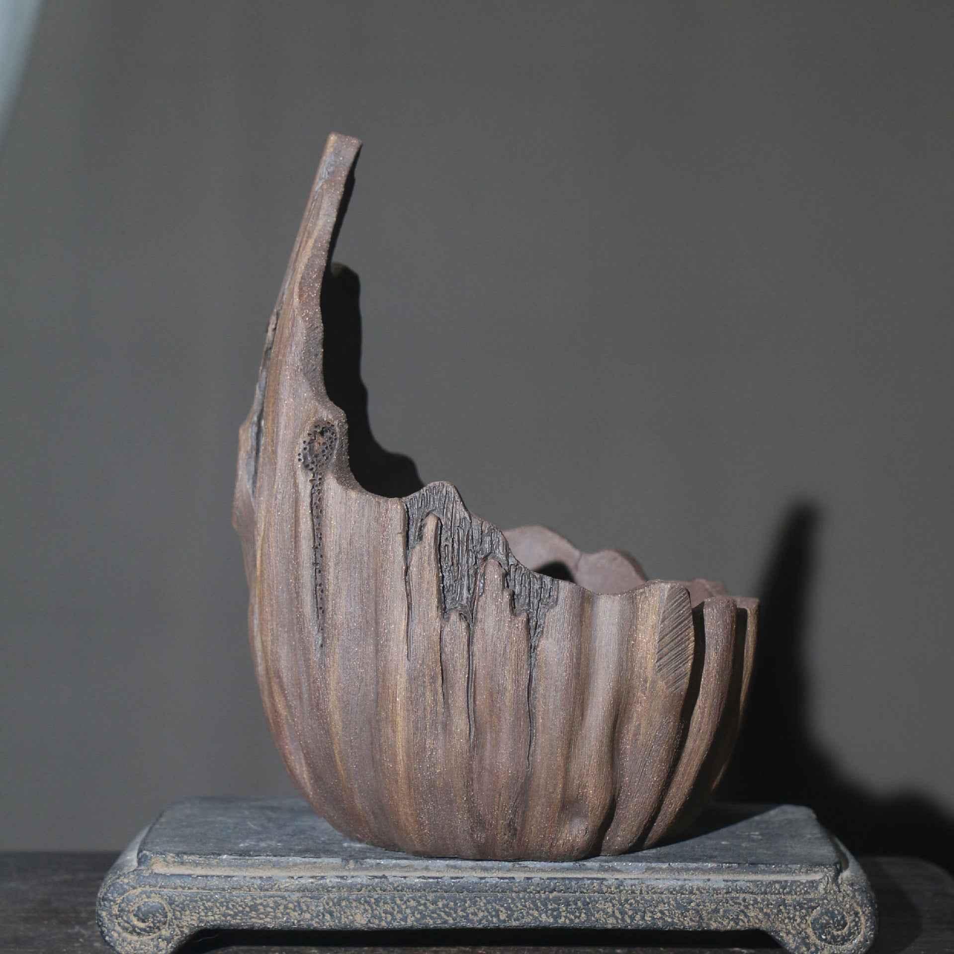 6.7" (17cm) Handmade Rustic Wood-Like Crescent Bonsai Pot