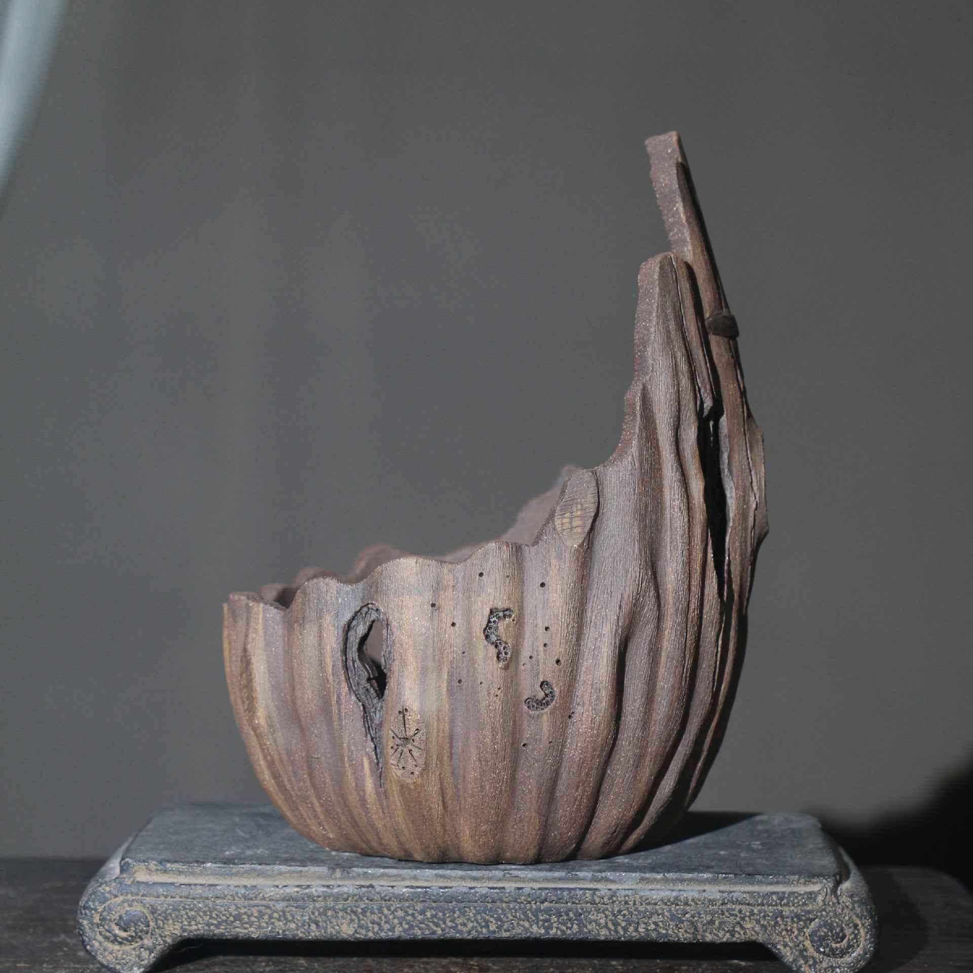 6.7" (17cm) Handmade Rustic Wood-Like Crescent Bonsai Pot