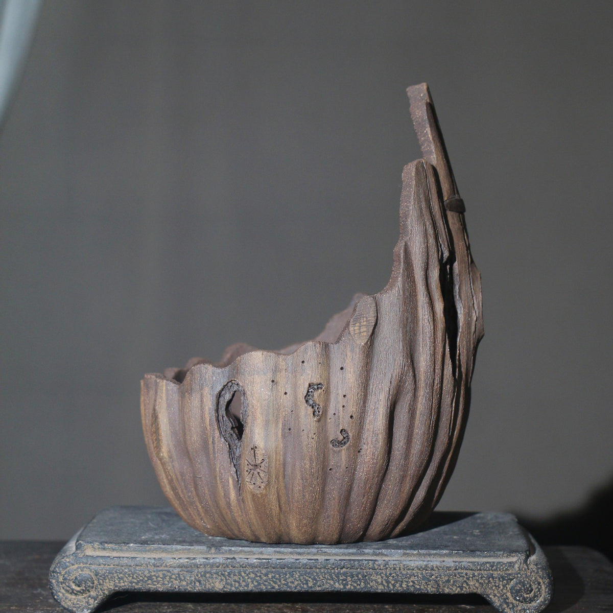 6.7" (17cm) Handmade Rustic Wood-Like Crescent Bonsai Pot Opposite Side View