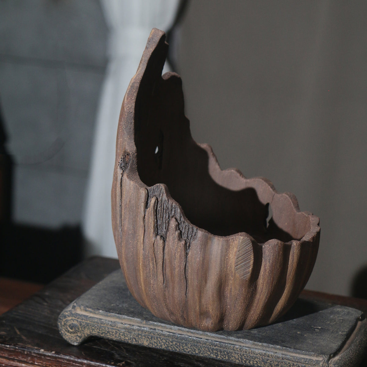 6.7" (17cm) Handmade Rustic Wood-Like Crescent Bonsai Pot Top Corner View
