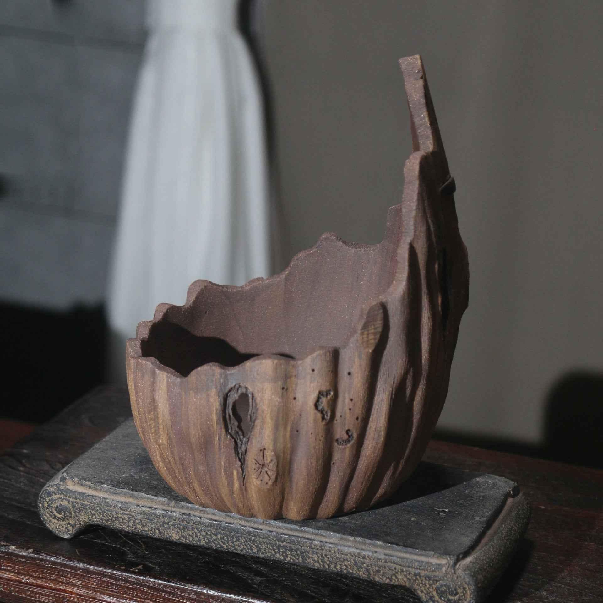 6.7" (17cm) Handmade Rustic Wood-Like Crescent Bonsai Pot