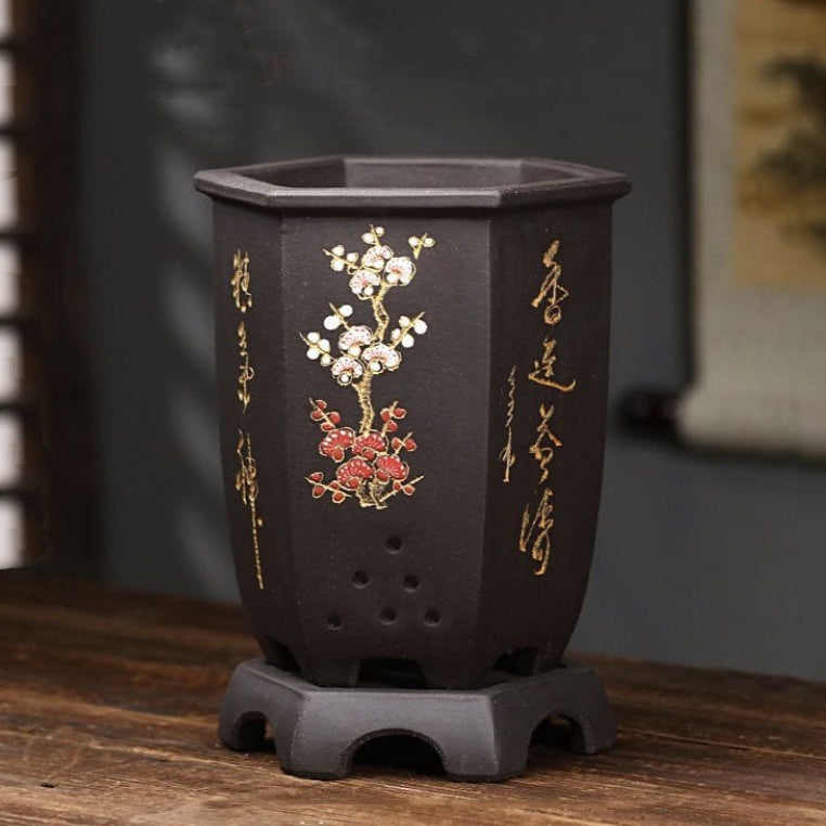 6.7" Deep Floral-Inspired Hexagonal Black Cascade Bonsai Pot w Stand