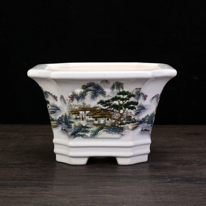 6.7 inch (17.2cm) Small Corner-Cut Square Artistic Ceramic Deep Bonsai Pot Semi Cascade