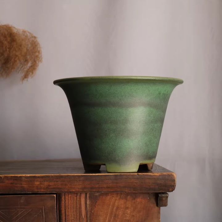6.7 inch (17cm) Deep Flared Round Green Multi-Tone Matte-Glaze Cascade Bonsai Pot