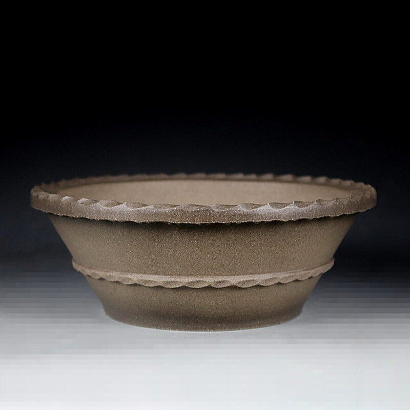 6.7 inch (17cm) Flared Round Gradient Finish Beige-Grey Unglazed Bonsai Pot w Wavy Rim Edges
