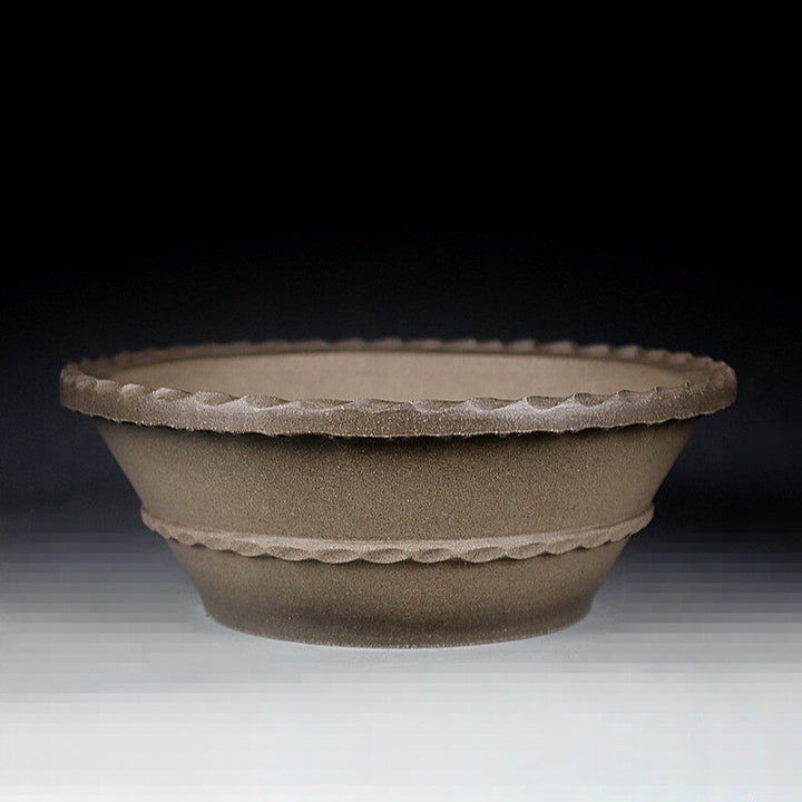 6.7 inch (17cm) Flared Round Gradient Finish Beige-Grey Unglazed Bonsai Pot w Wavy Rim Edges