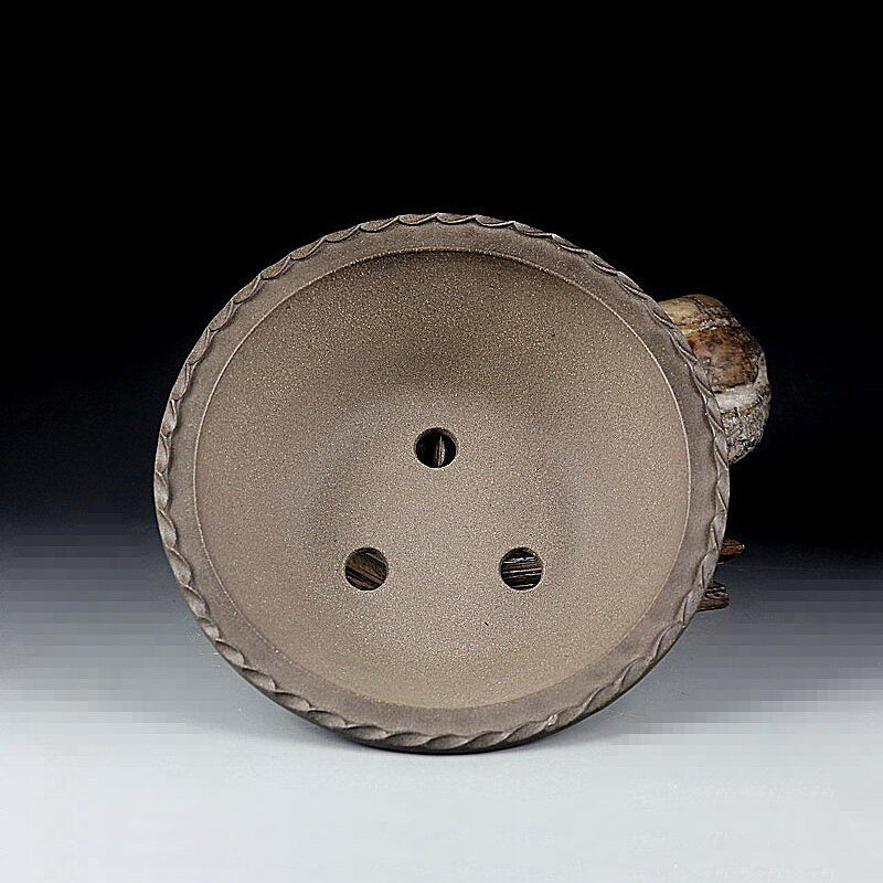 6.7 inch (17cm) Flared Round Gradient Finish Beige-Grey Unglazed Bonsai Pot w Wavy Rim Edges Inner View