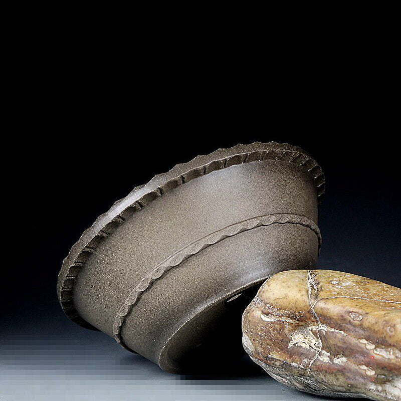6.7 inch (17cm) Flared Round Gradient Finish Beige-Grey Unglazed Bonsai Pot w Wavy Rim Edges Side View