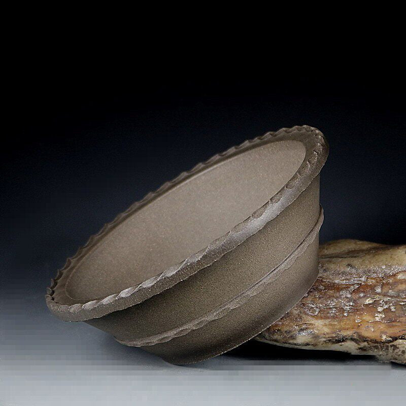 6.7 inch (17cm) Flared Round Gradient Finish Beige-Grey Unglazed Bonsai Pot w Wavy Rim Edges Side View