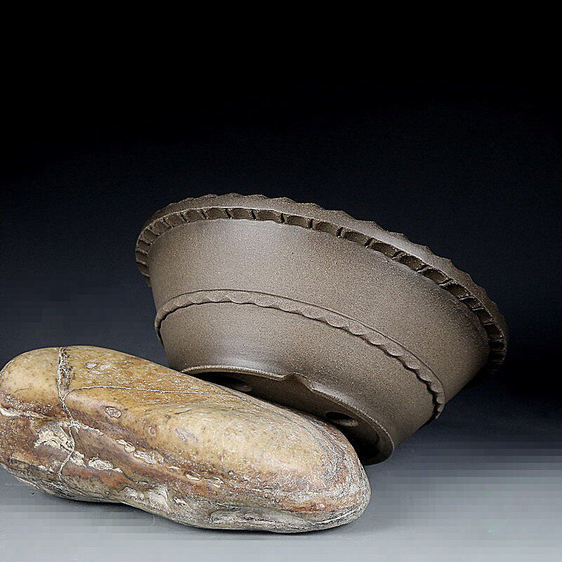 6.7 inch (17cm) Flared Round Gradient Finish Beige-Grey Unglazed Bonsai Pot w Wavy Rim Edges Side View