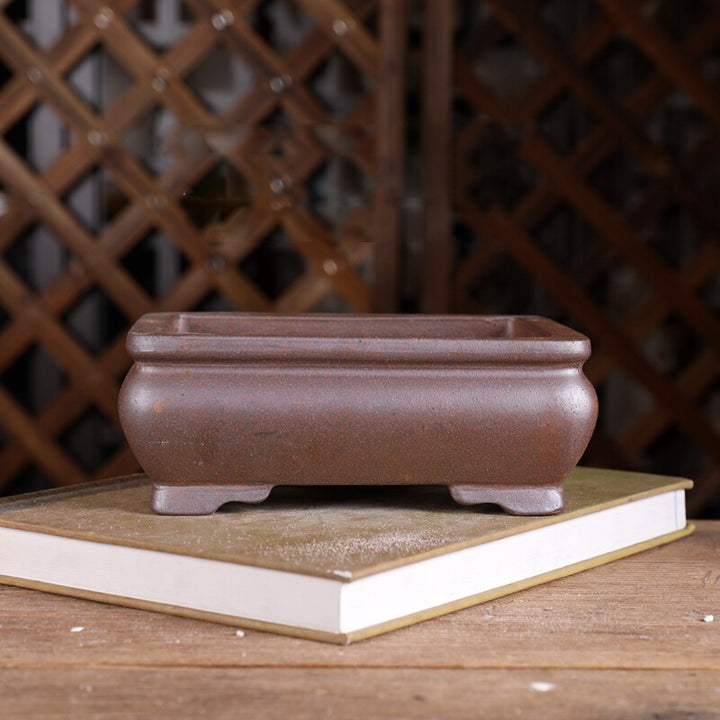 6.7 inch (17cm) Small Bulged Rectangular Wood-Fired Unglazed Bonsai Pot
