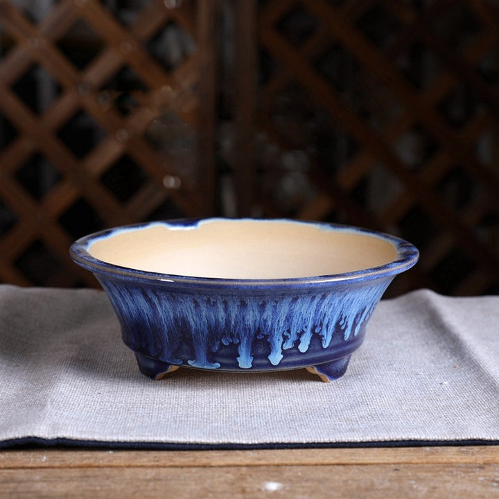 6.7 inch (17cm) Small Flared Round Decorative Drip-Style Glaze Bonsai Pots Blue Color