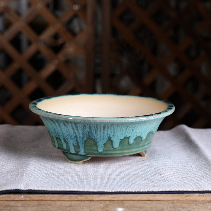 6.7 inch (17cm) Small Flared Round Decorative Drip-Style Glaze Bonsai Pots Green Color