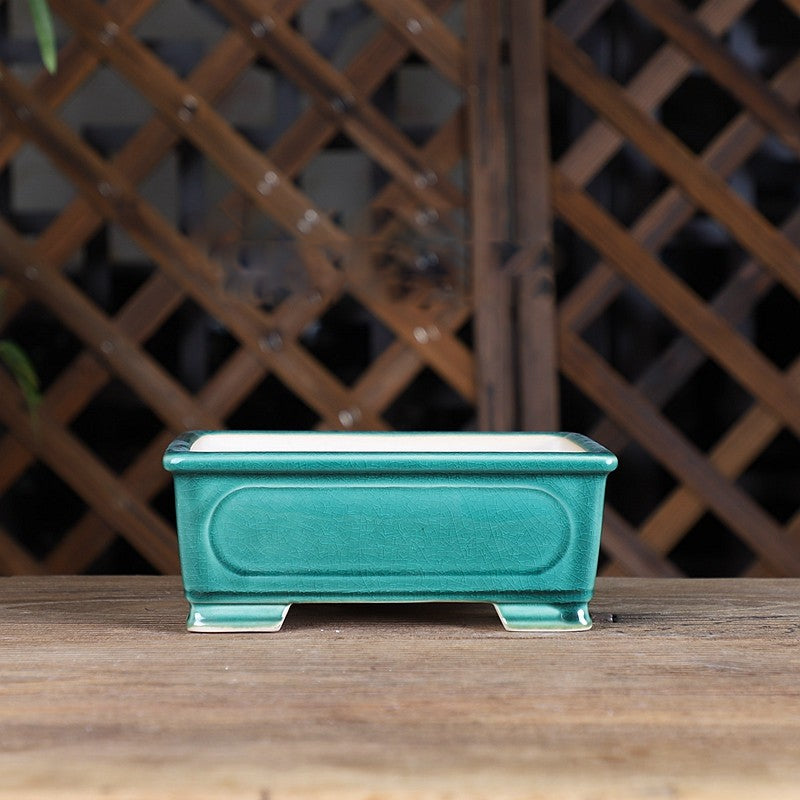 6.7 inch (17cm) Small Rectangular Cracked Glaze Shohin/Mame Bonsai Pot Green Color