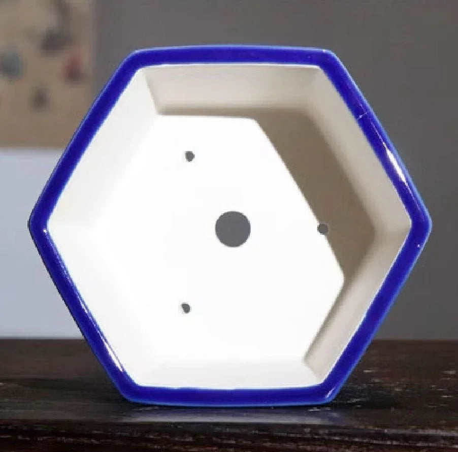 6.8" (17.5cm) Cracked Glaze Hexagonal Bonsai Pot w Ornate Cloud Feet Inner View