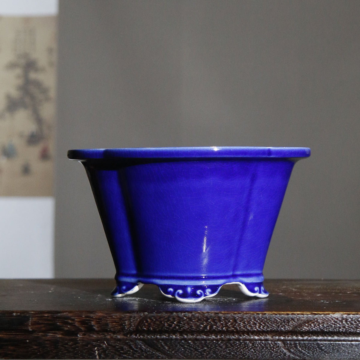 6.8" (17.5cm) Flared Lotus-Shaped Crackled Glaze Deep Bonsai Pots Blue Color