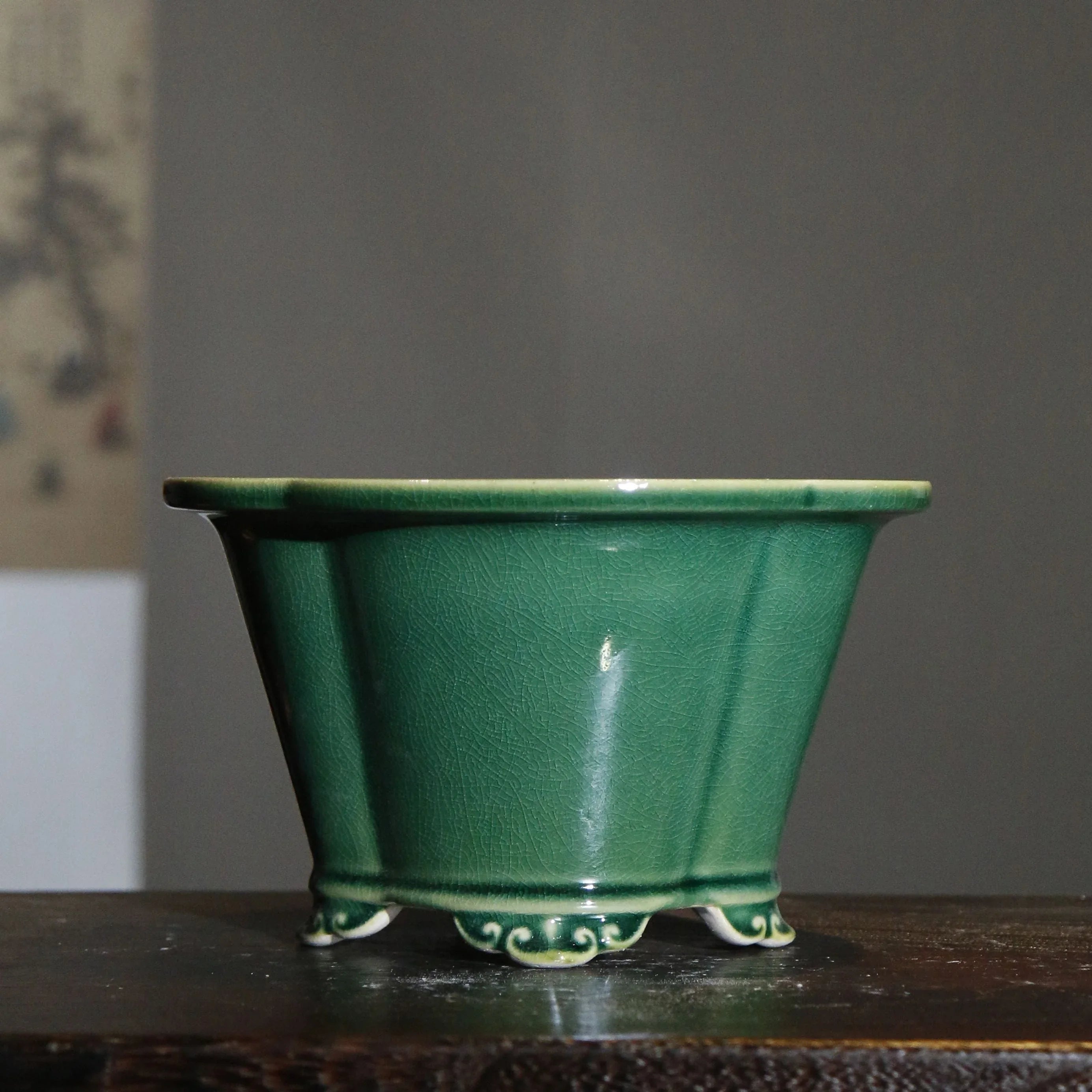 6.8" (17.5cm) Flared Lotus-Shaped Crackled Glaze Deep Bonsai Pots Green Color