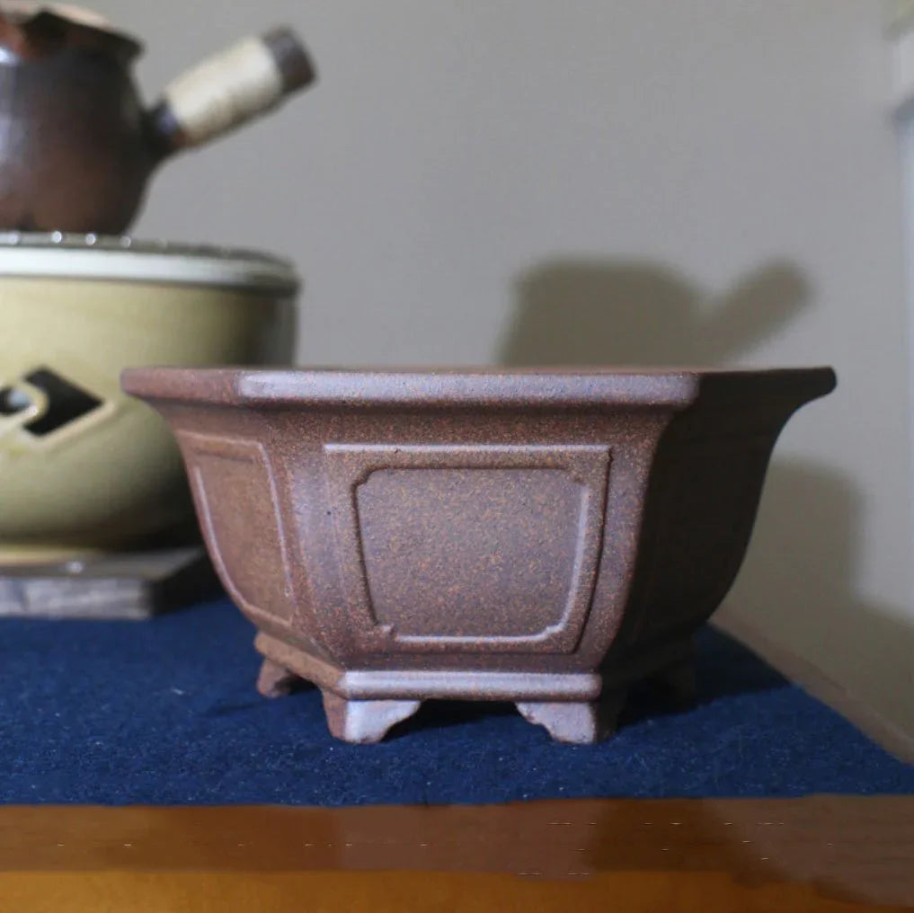 6.8" (17.5cm) Hexagonal Speckled Clay Finish Handmade Bonsai Pot