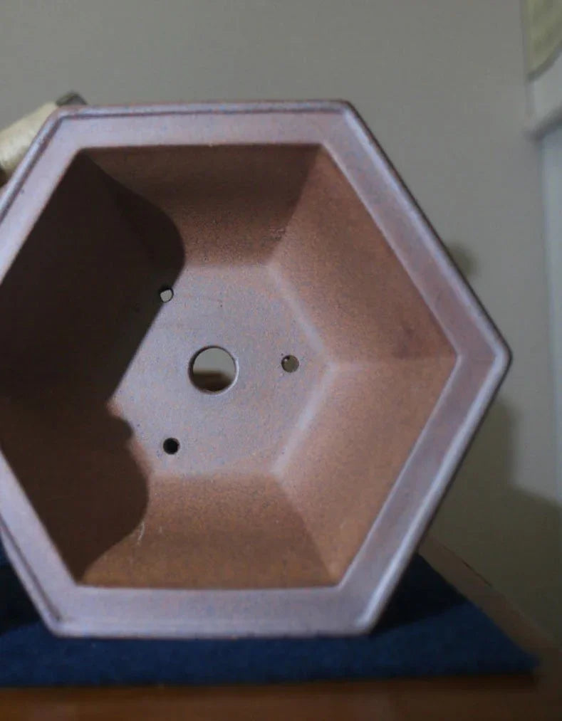 6.8" (17.5cm) Hexagonal Speckled Clay Finish Handmade Bonsai Pot Inner View