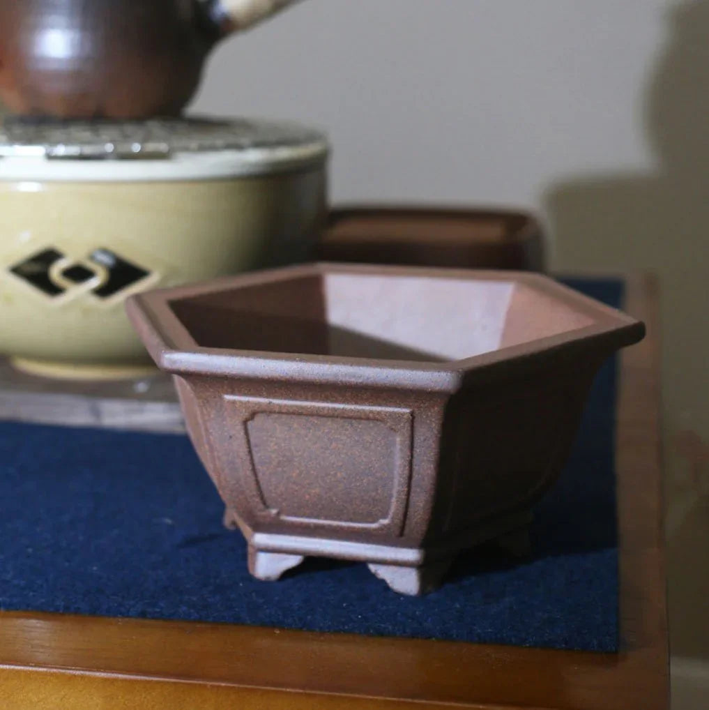 6.8" (17.5cm) Hexagonal Speckled Clay Finish Handmade Bonsai Pot Top View