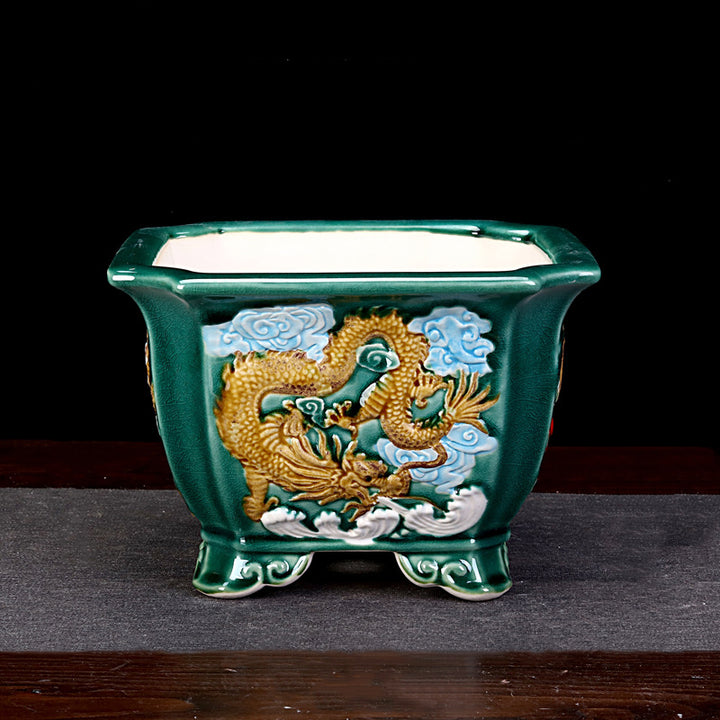6.8 inch (17.5cm) Large 4.6 inch (11.7cm) Deep Square Dragon Bonsai Pot w Ornate Feet