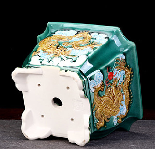 6.8 inch (17.5cm) Large 4.6 inch (11.7cm) Deep Square Dragon Bonsai Pot w Ornate Feet Bottom View