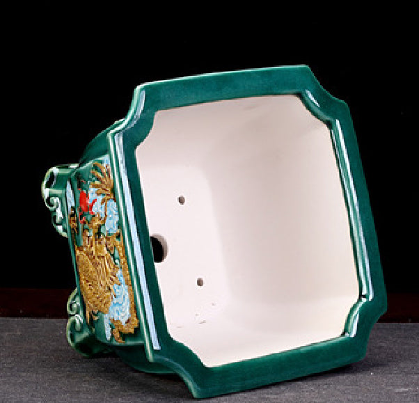 6.8 inch (17.5cm) Large 4.6 inch (11.7cm) Deep Square Dragon Bonsai Pot w Ornate Feet Inner View