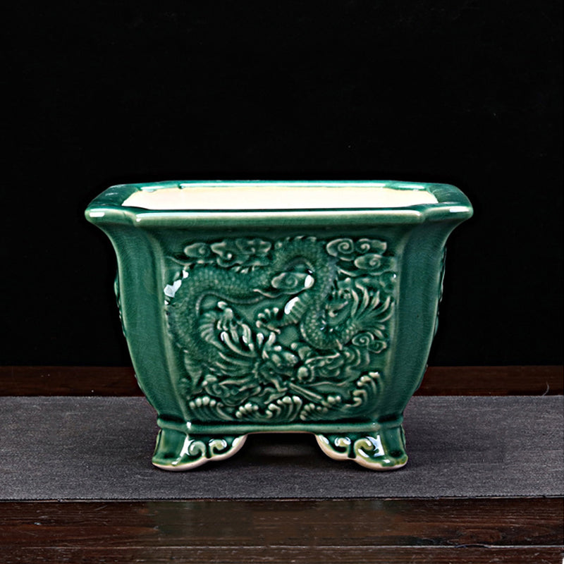 6.8 inch (17.5cm) Large 4.6 inch (11.7cm) Deep Square Green Dragon Bonsai Pot w Ornate Feet