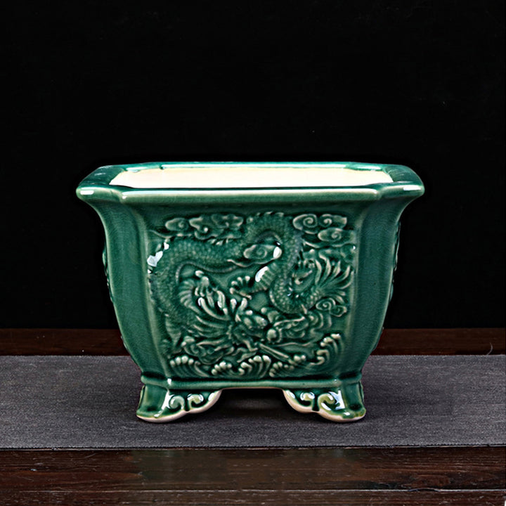 6.8 inch (17.5cm) Large 4.6 inch (11.7cm) Deep Square Green Dragon Bonsai Pot w Ornate Feet