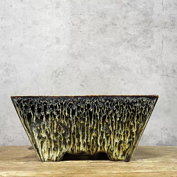 6.8 inch (17.5cm) Small Flared Square Multi-Tone Drip Glaze Premium Bonsai Pot