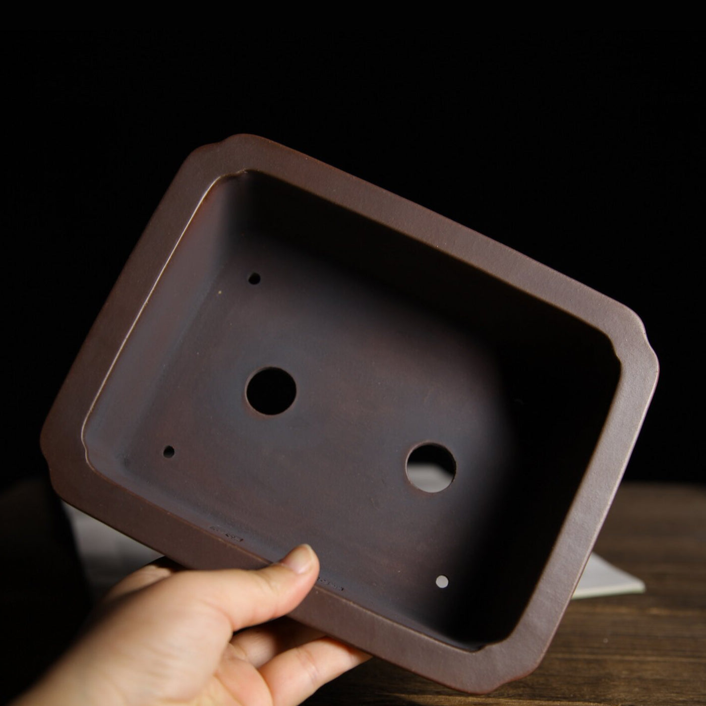 6.9 inch (17.6cm) Small Rectangular Indented Corner Gradient Finish Unglazed Bonsai Pot Inner View