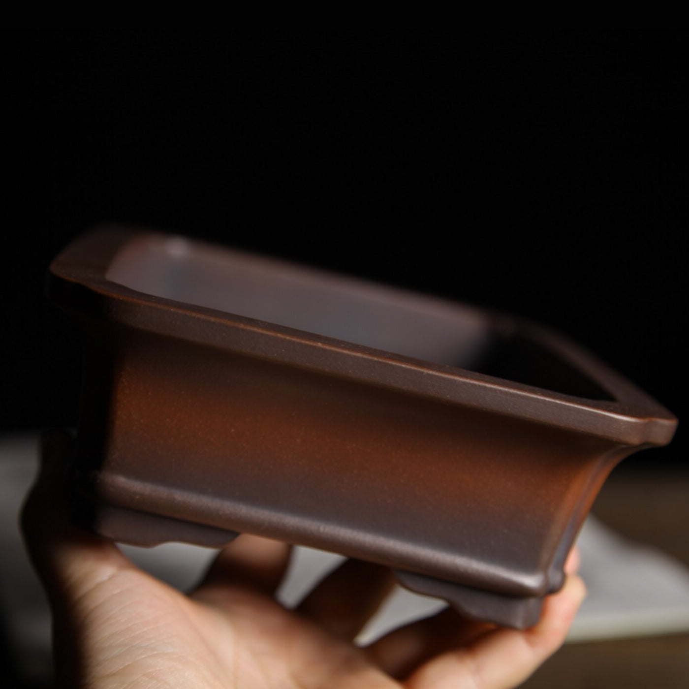 6.9 inch (17.6cm) Small Rectangular Indented Corner Gradient Finish Unglazed Bonsai Pot Side View